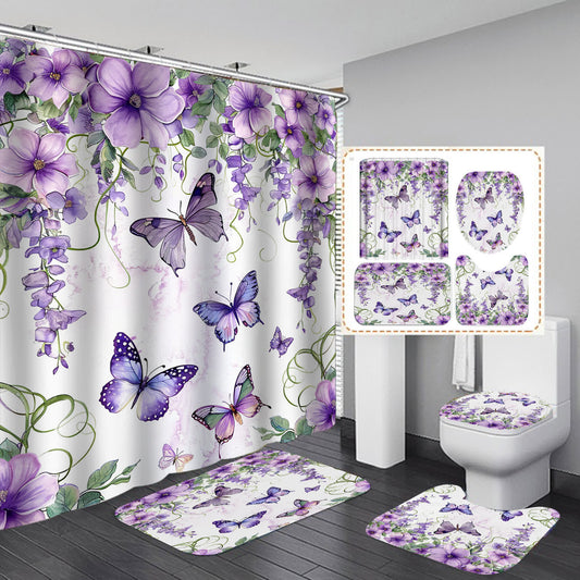 Rideau de douche imperméable avec fleurs et papillons