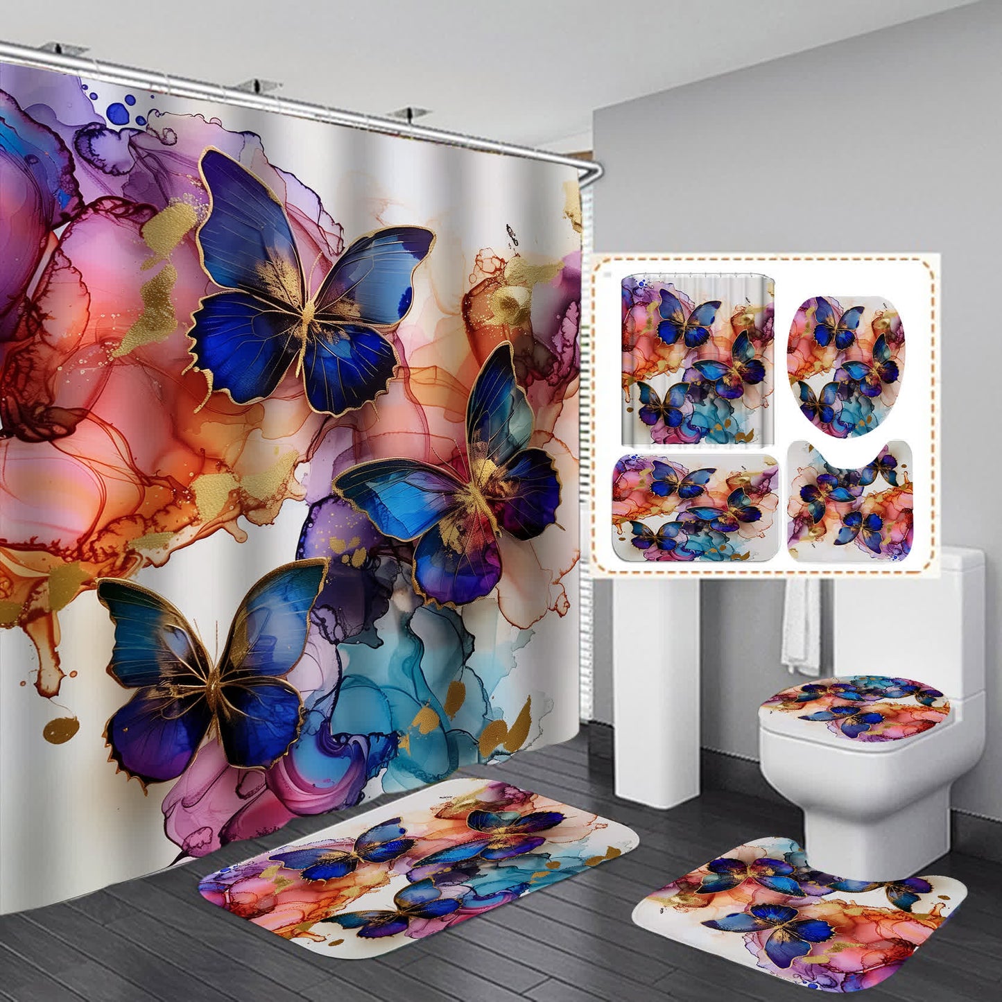 Rideau de douche imperméable avec fleurs et papillons