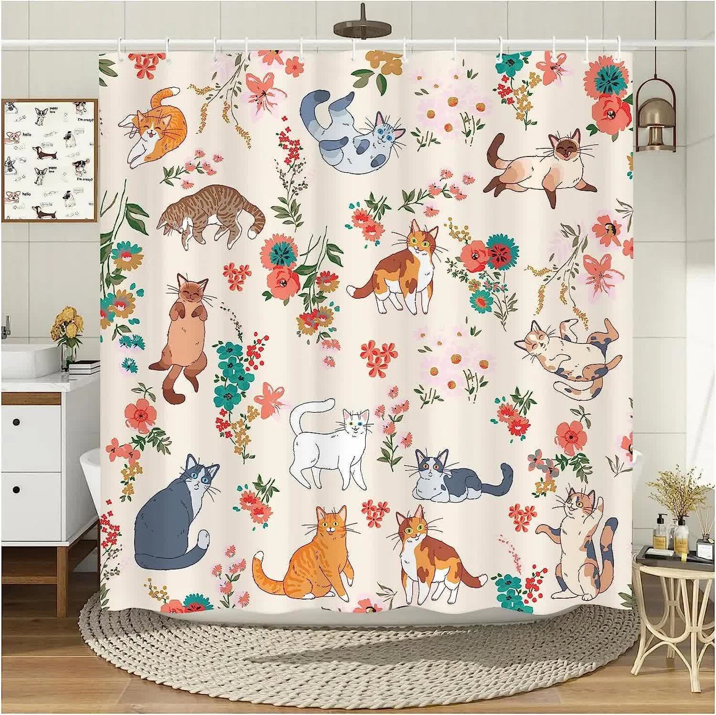 Rideau de douche avec motif floral et chat mignon
