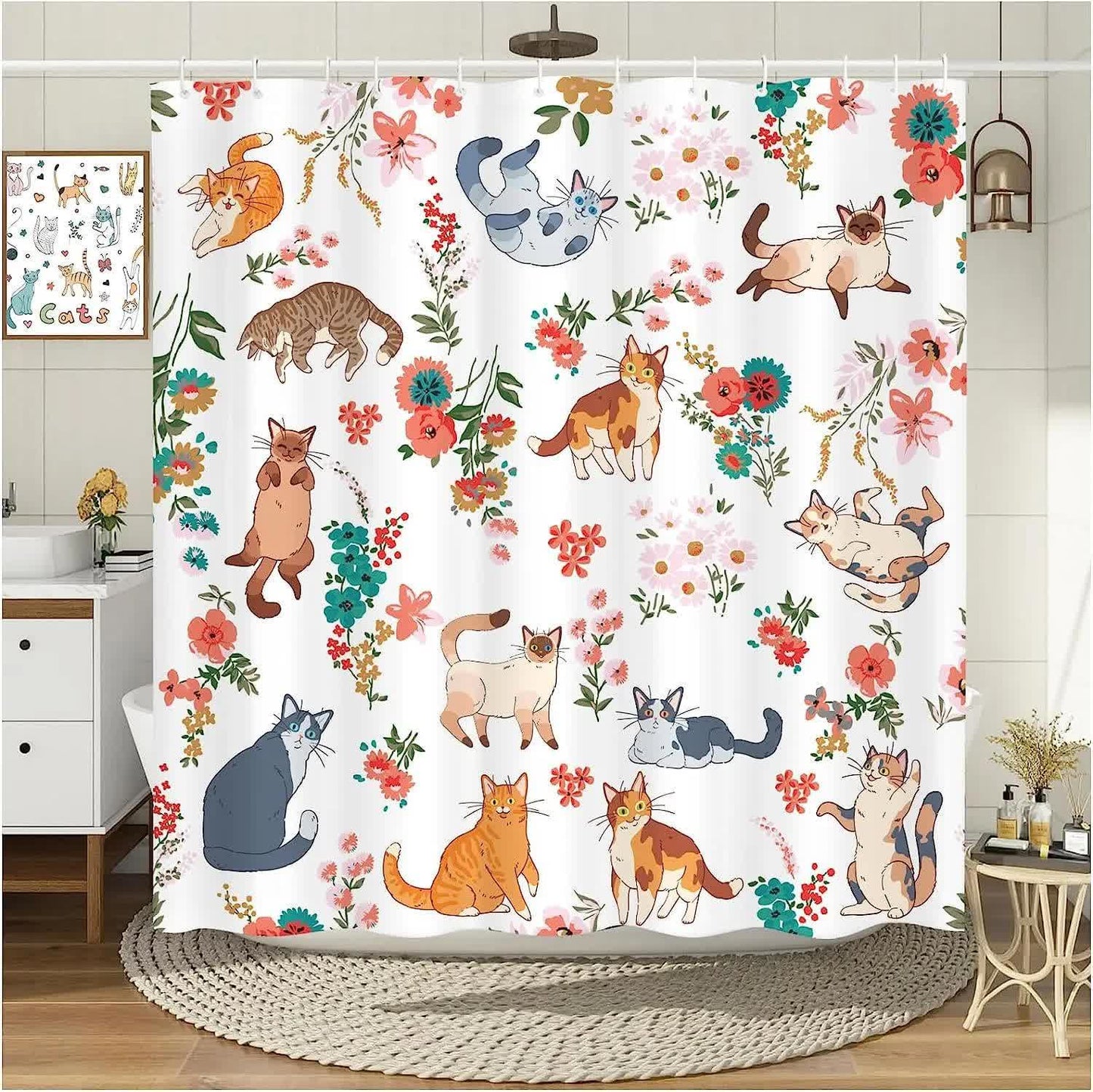 Rideau de douche avec motif floral et chat mignon