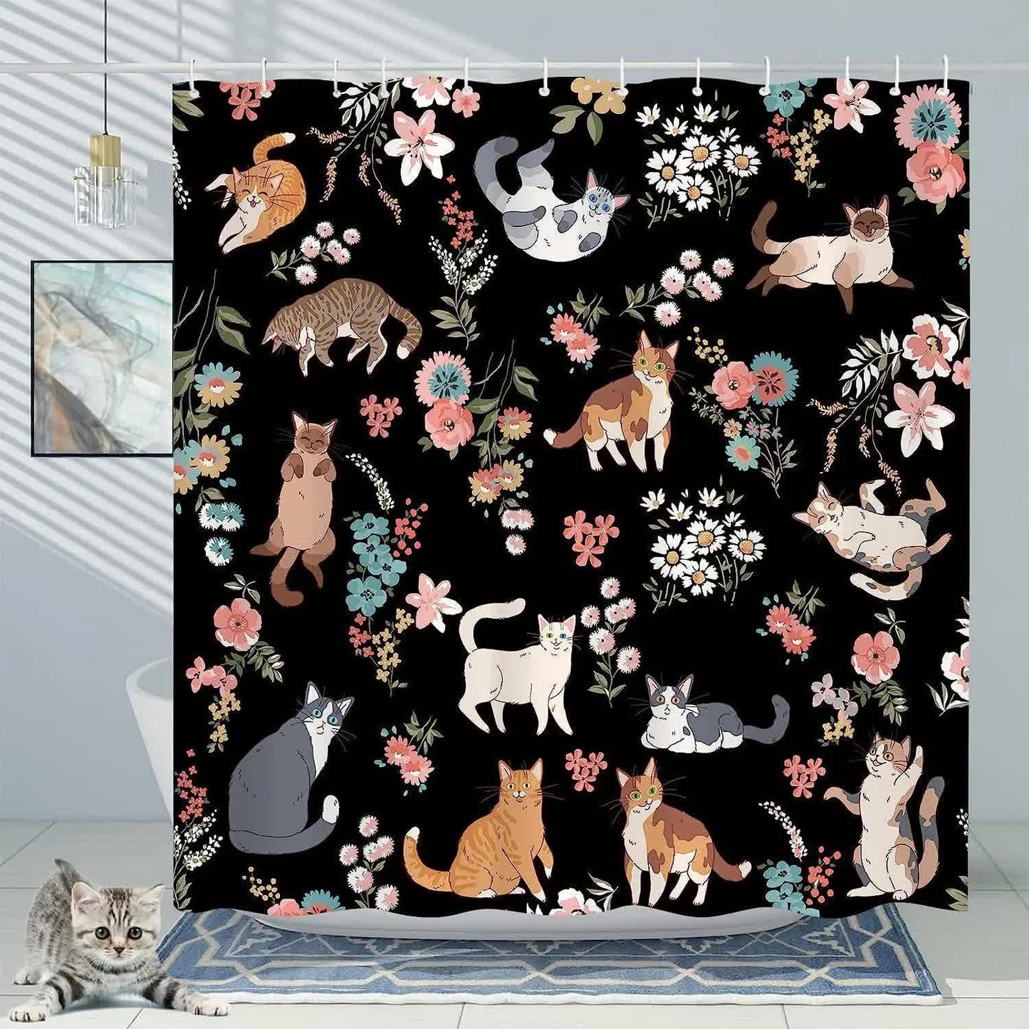 Rideau de douche avec motif floral et chat mignon