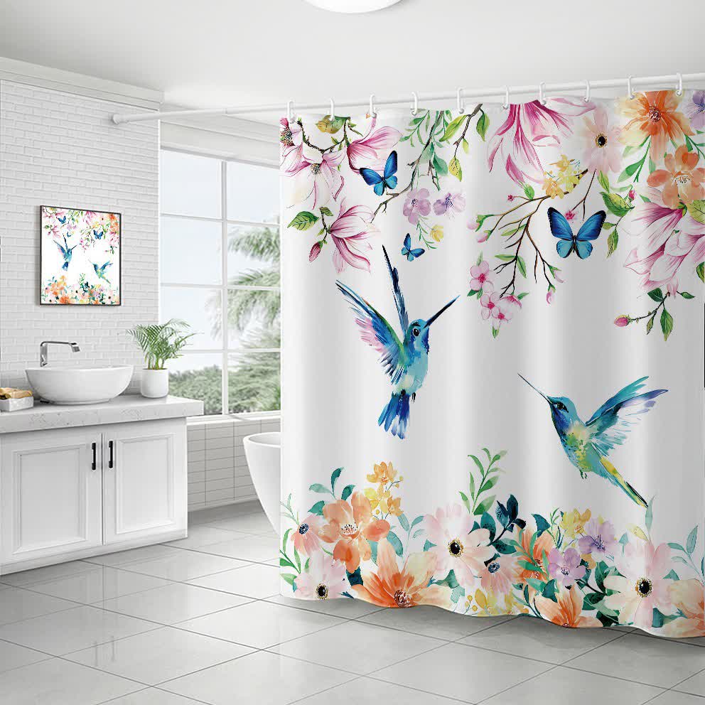 Rideau de douche décoratif imperméable avec fleurs et oiseaux