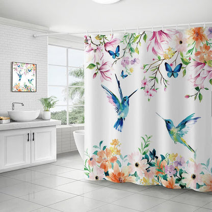 Rideau de douche décoratif imperméable avec fleurs et oiseaux