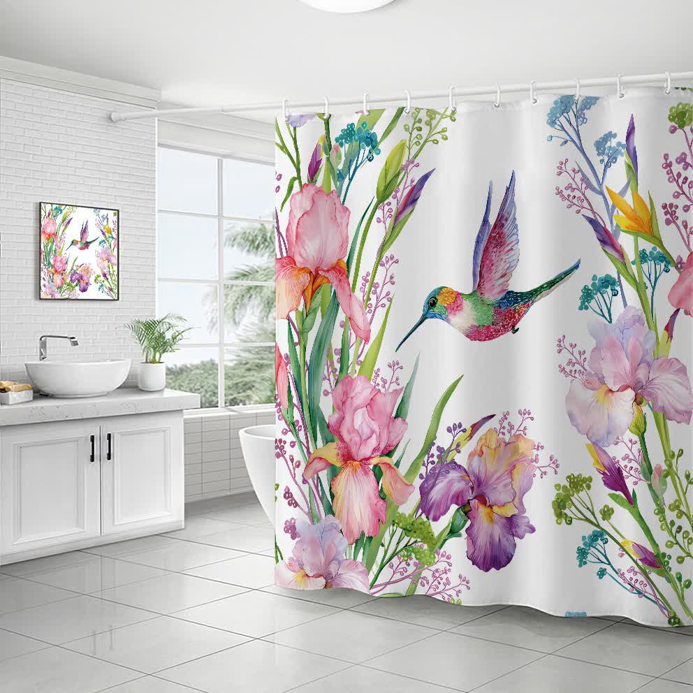 Rideau de douche décoratif imperméable avec fleurs et oiseaux