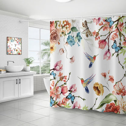 Rideau de douche décoratif imperméable avec fleurs et oiseaux
