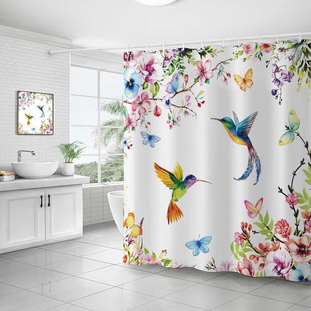Rideau de douche décoratif imperméable avec fleurs et oiseaux