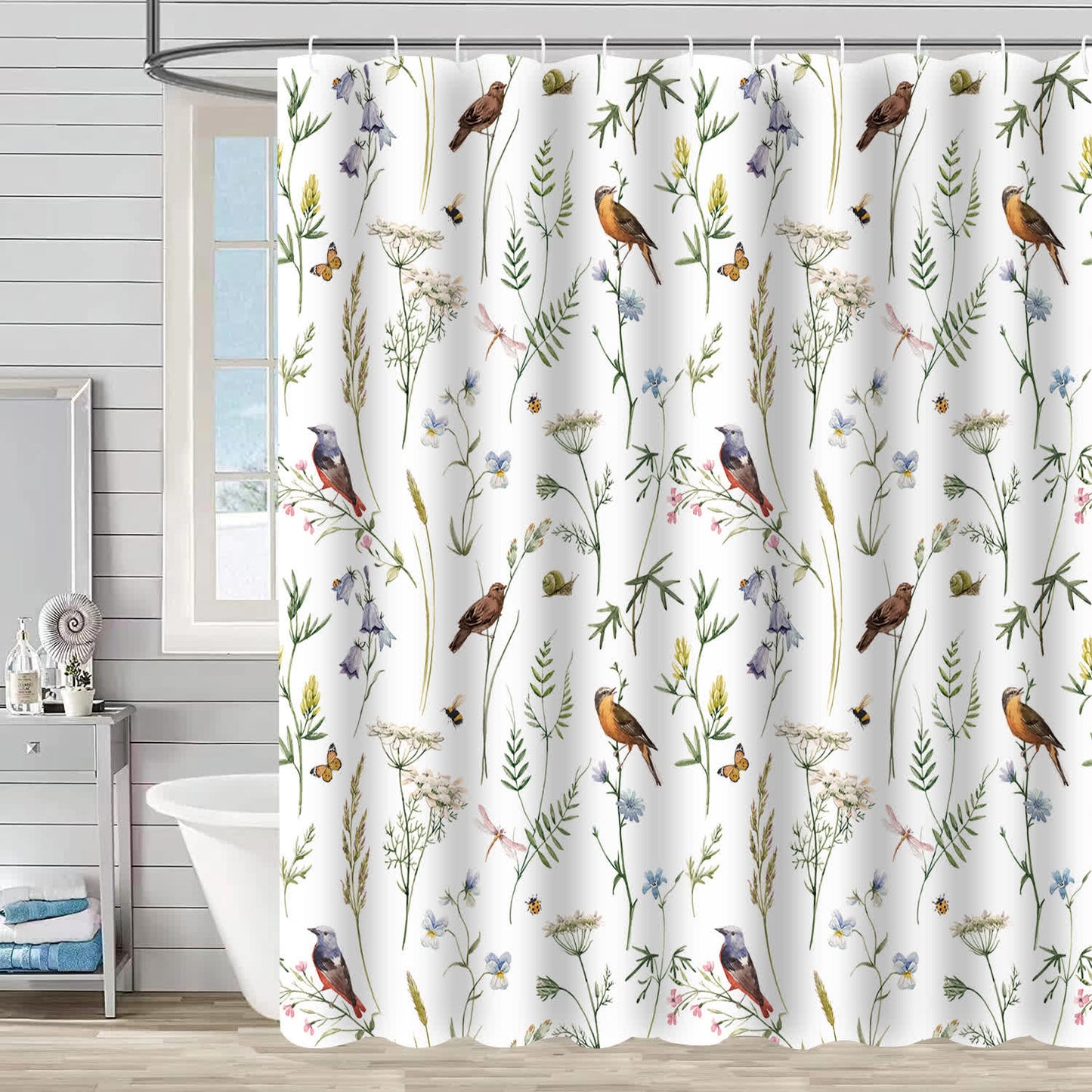 Rideau de douche décoratif imperméable avec fleurs et oiseaux