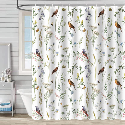 Rideau de douche décoratif imperméable avec fleurs et oiseaux