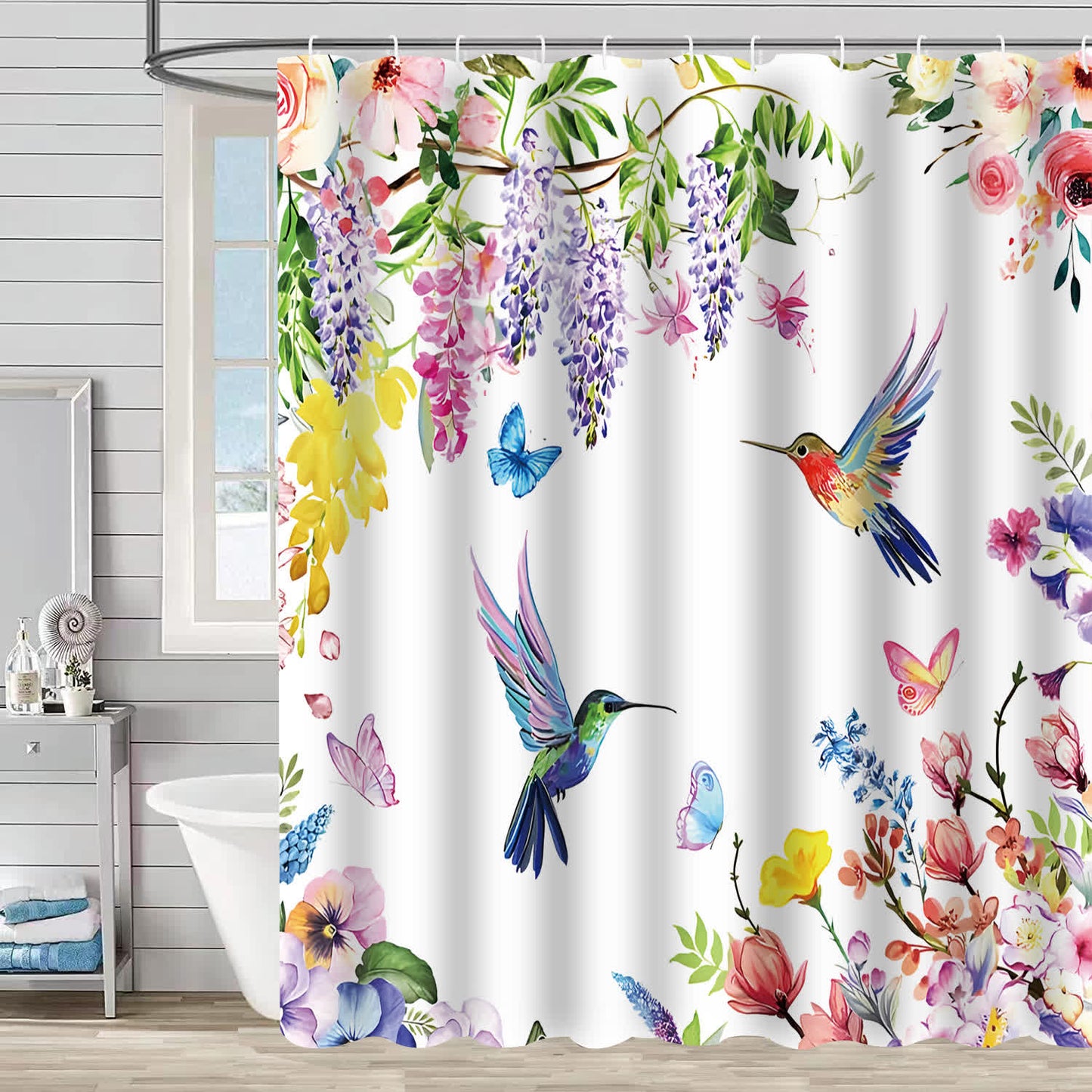 Rideau de douche décoratif imperméable avec fleurs et oiseaux