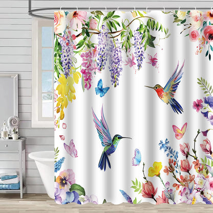 Rideau de douche décoratif imperméable avec fleurs et oiseaux