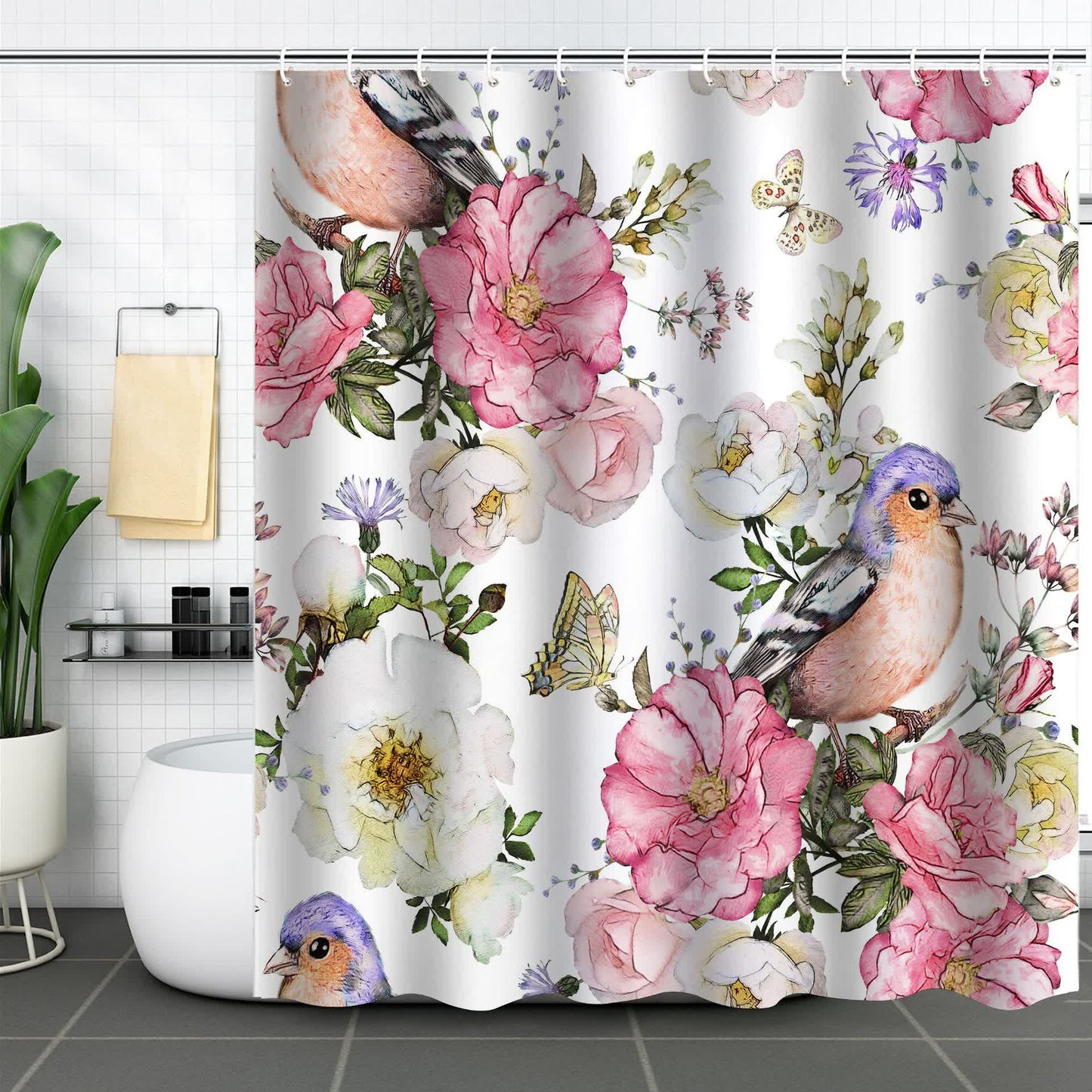 Rideau de douche décoratif imperméable avec fleurs et oiseaux