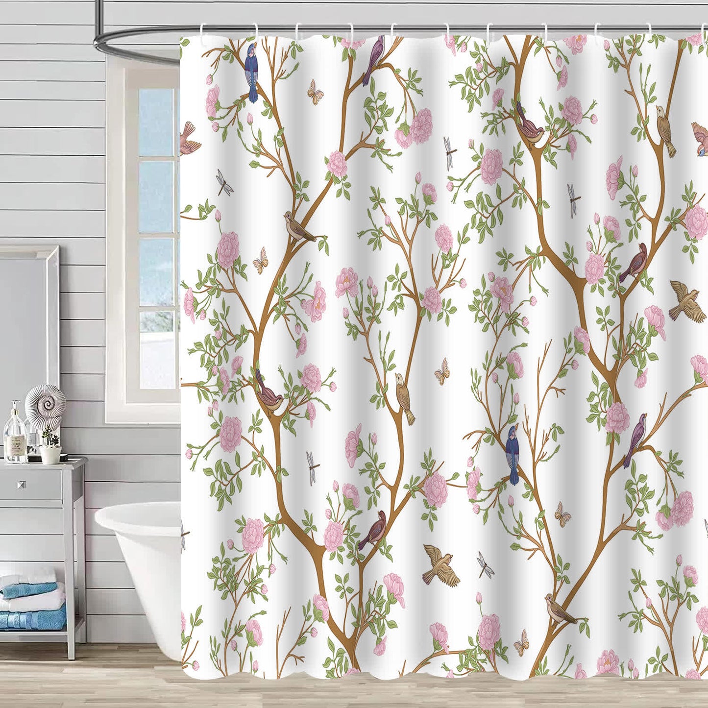 Rideau de douche décoratif imperméable avec fleurs et oiseaux