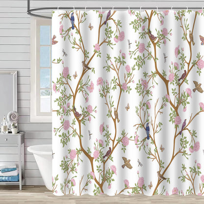 Rideau de douche décoratif imperméable avec fleurs et oiseaux