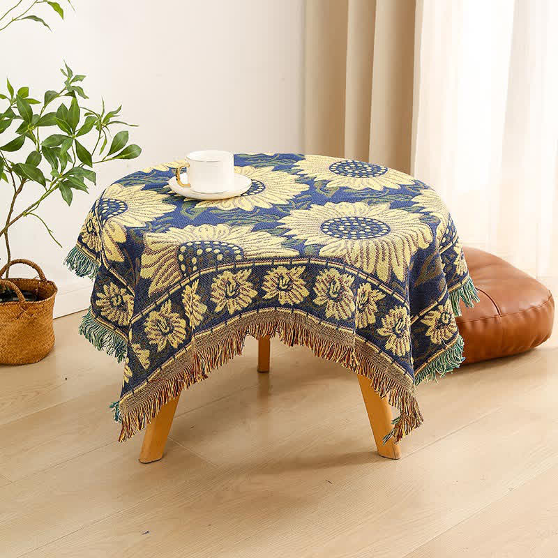 Nappe Jacquard Vintage Gerbera Bleu Tournesol