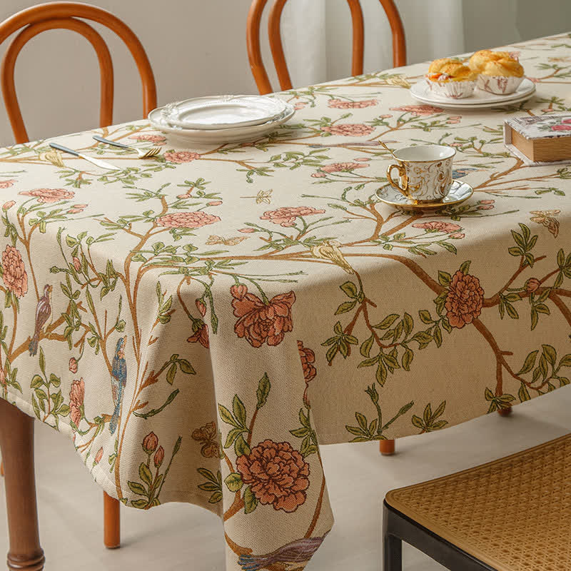 Nappe élégante teinte en fil avec fleurs et oiseaux