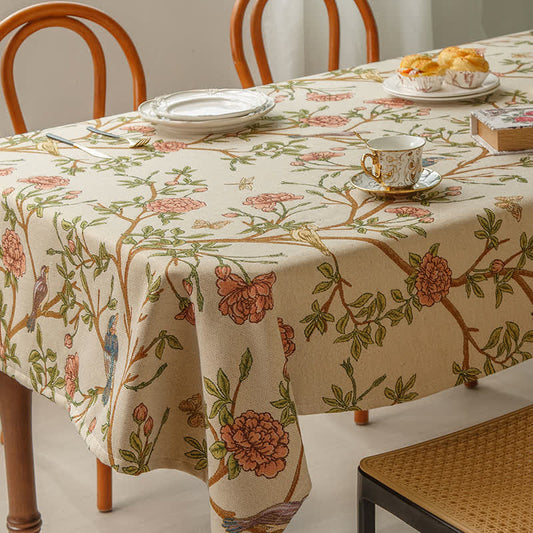 Nappe élégante teinte en fil avec fleurs et oiseaux