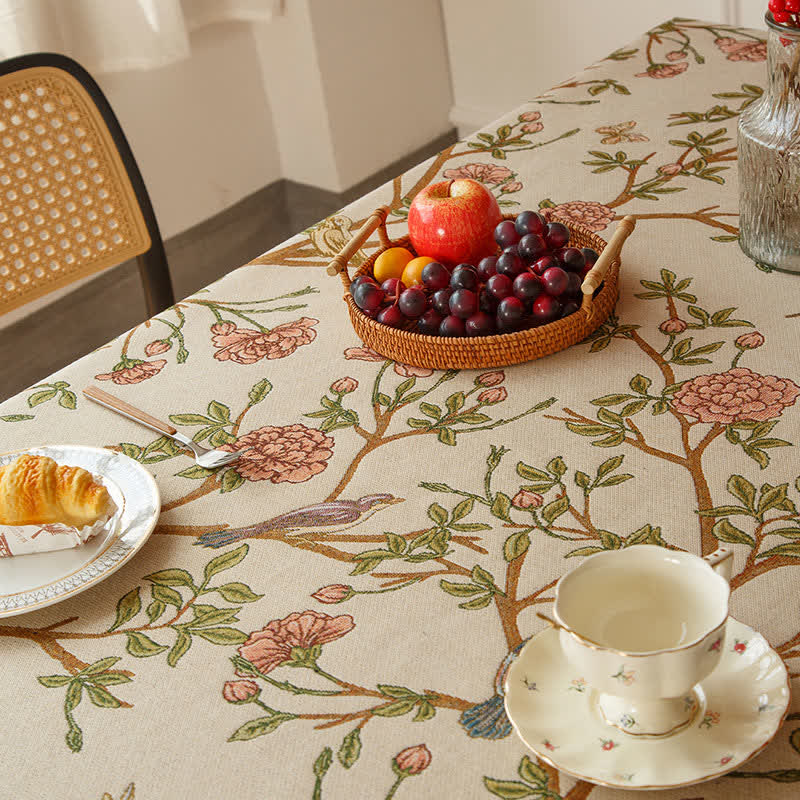 Nappe élégante teinte en fil avec fleurs et oiseaux