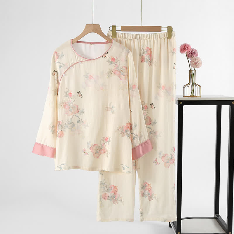 Vêtements d'intérieur en satin doux avec imprimé floral et papillon