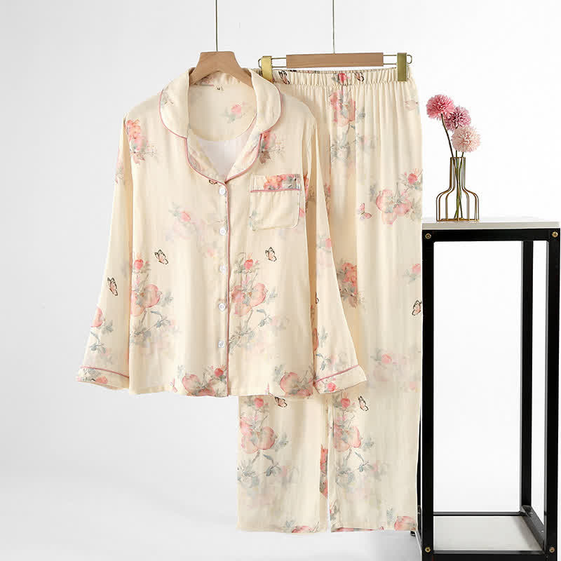 Vêtements d'intérieur en satin doux avec imprimé floral et papillon