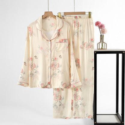 Vêtements d'intérieur en satin doux avec imprimé floral et papillon