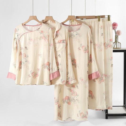 Vêtements d'intérieur en satin doux avec imprimé floral et papillon