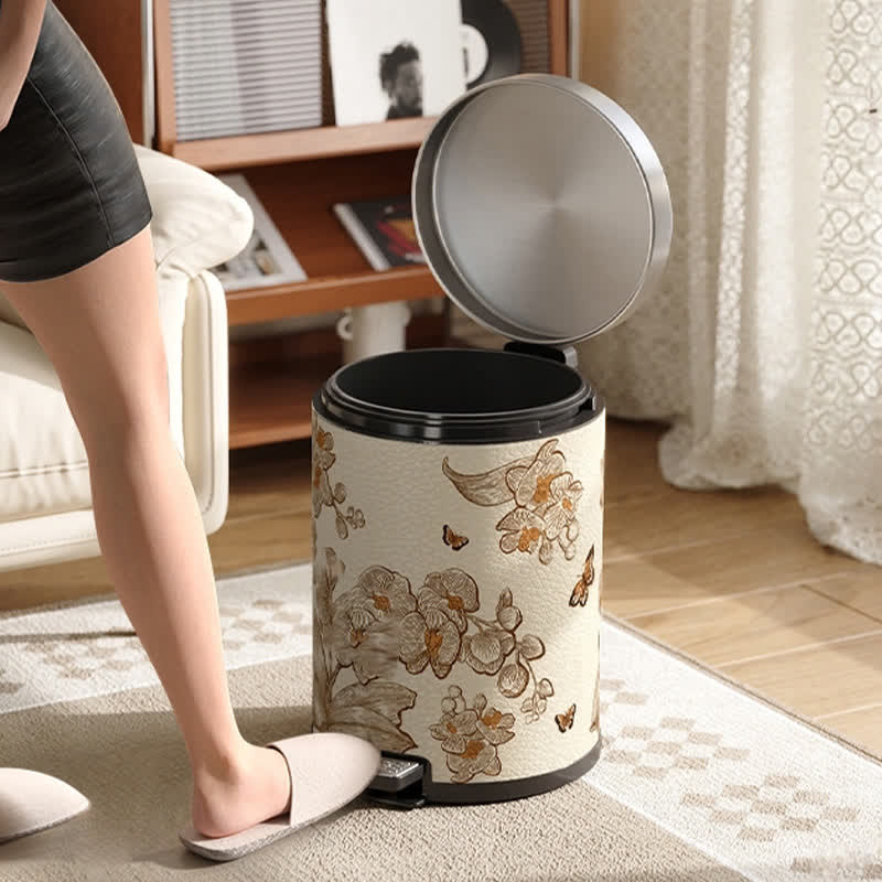 Poubelle en cuir luxueuse et durable avec motif de fleurs et d'oiseaux