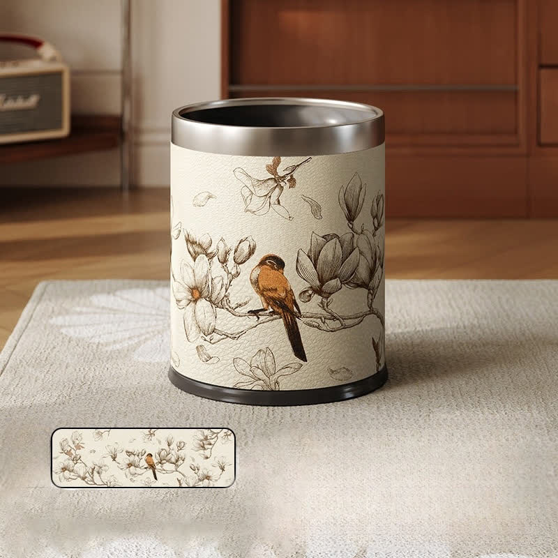 Poubelle en cuir luxueuse et durable avec motif de fleurs et d'oiseaux