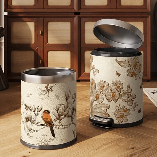 Poubelle en cuir luxueuse et durable avec motif de fleurs et d'oiseaux