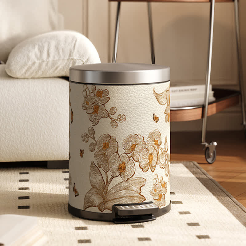 Poubelle en cuir luxueuse et durable avec motif de fleurs et d'oiseaux