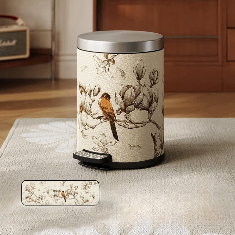 Poubelle en cuir luxueuse et durable avec motif de fleurs et d'oiseaux