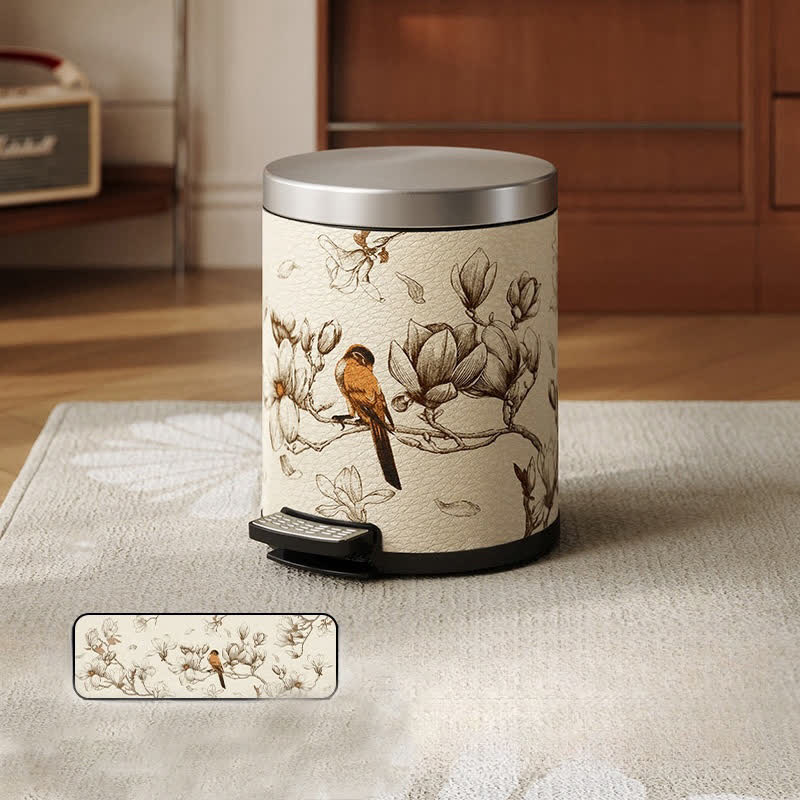 Poubelle en cuir luxueuse et durable avec motif de fleurs et d'oiseaux