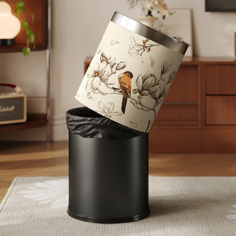 Poubelle en cuir luxueuse et durable avec motif de fleurs et d'oiseaux
