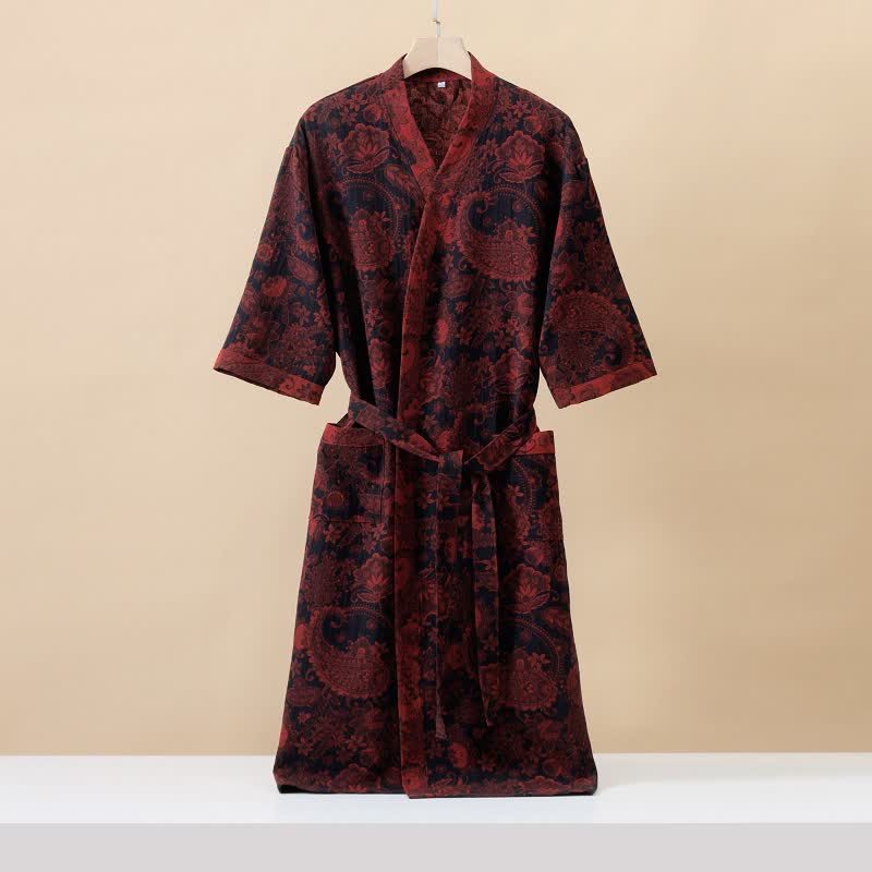 Peignoir en gaze de coton à motif cachemire jacquard kimono
