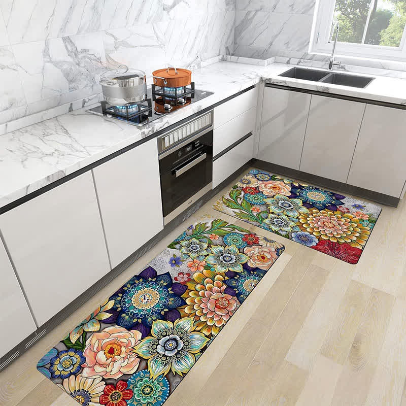 Tapis de sol de cuisine de style pastoral printanier avec des plantes fleuries