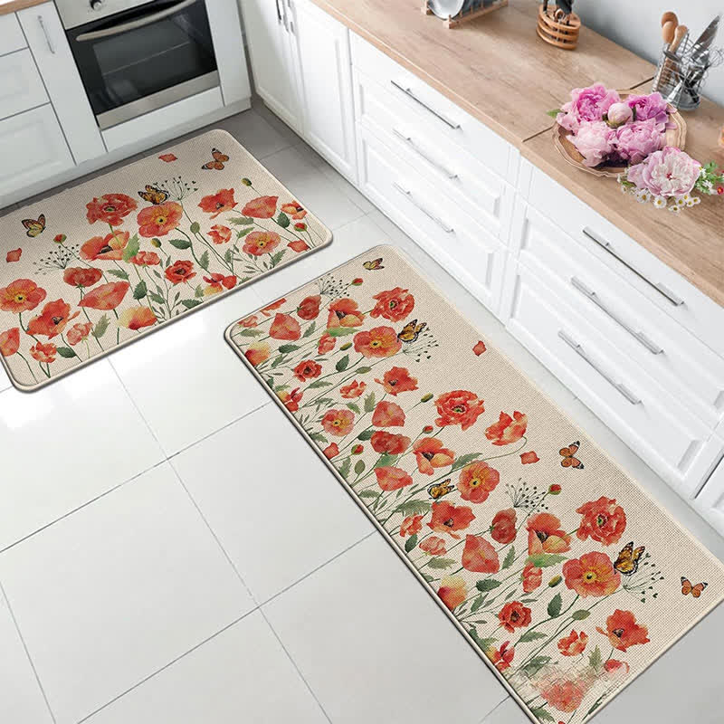 Tapis de sol de cuisine de style pastoral printanier avec des plantes fleuries