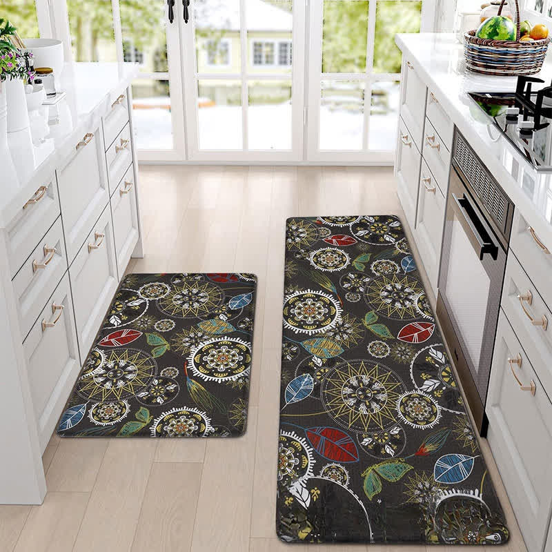 Tapis de sol de cuisine de style pastoral printanier avec des plantes fleuries