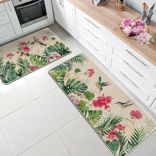 Tapis de sol de cuisine de style pastoral printanier avec des plantes fleuries