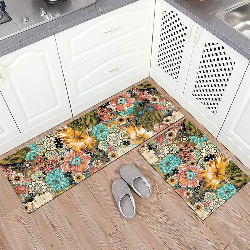 Tapis de sol de cuisine de style pastoral printanier avec des plantes fleuries