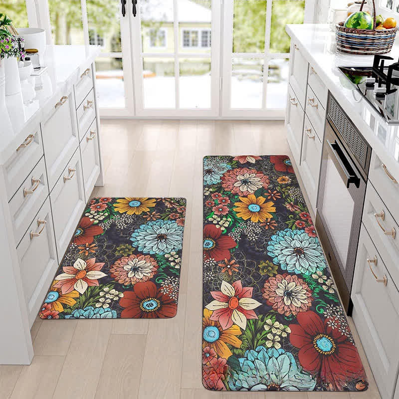 Tapis de sol de cuisine de style pastoral printanier avec des plantes fleuries