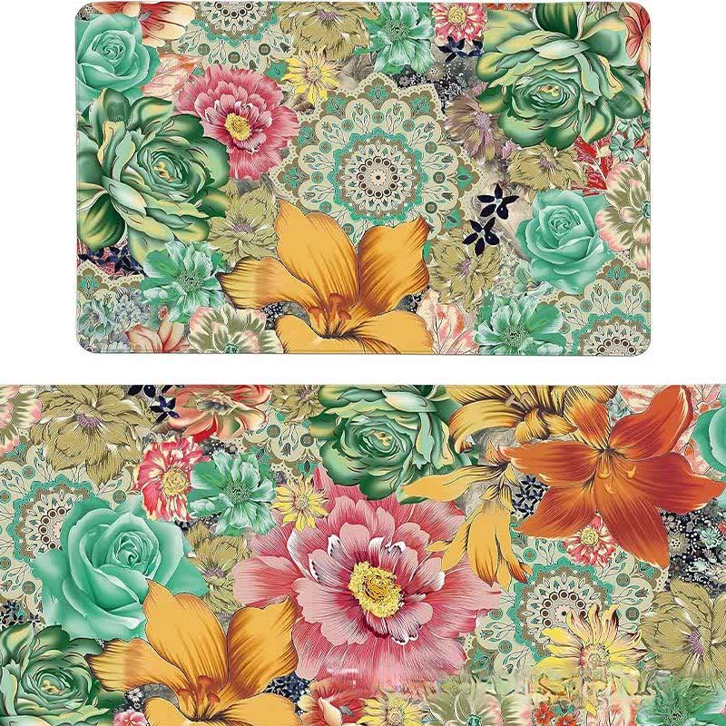 Tapis de sol de cuisine de style pastoral printanier avec des plantes fleuries