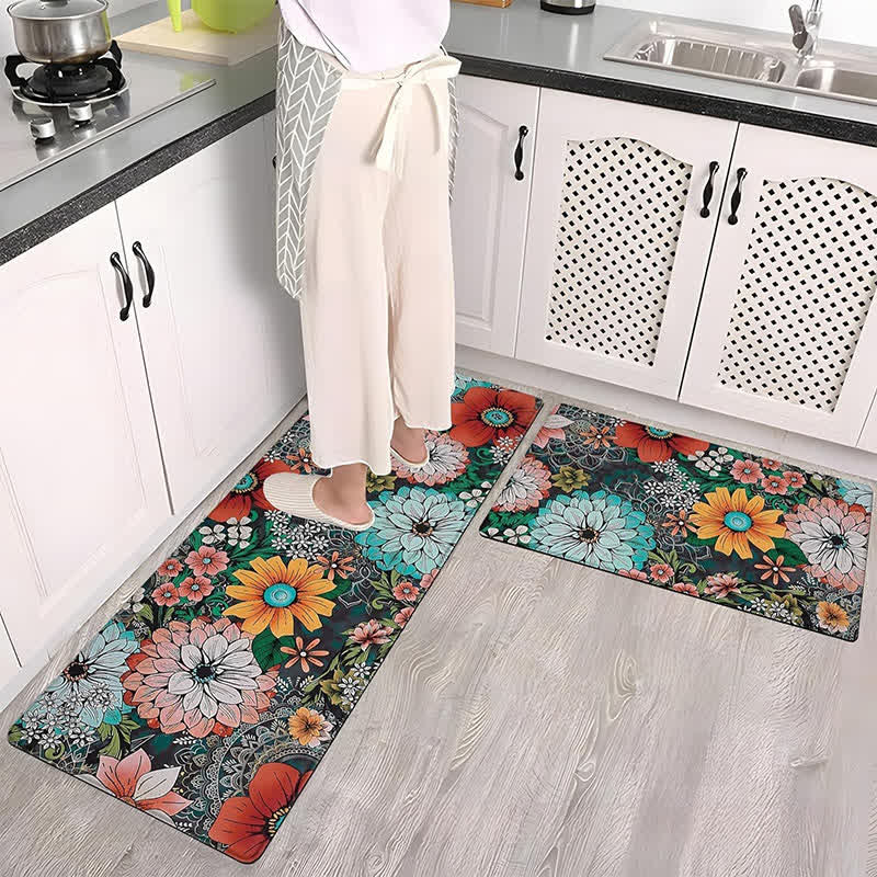 Tapis de sol de cuisine de style pastoral printanier avec des plantes fleuries