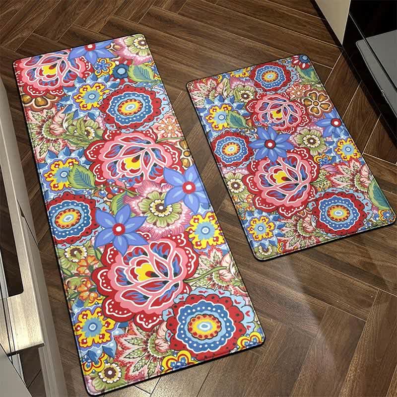 Tapis de sol de cuisine de style pastoral printanier avec des plantes fleuries