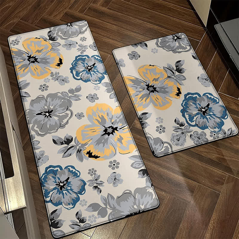 Tapis de sol de cuisine de style pastoral printanier avec des plantes fleuries