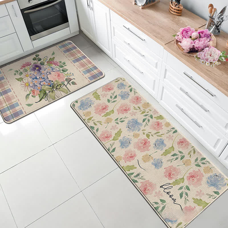 Tapis de sol de cuisine de style pastoral printanier avec des plantes fleuries