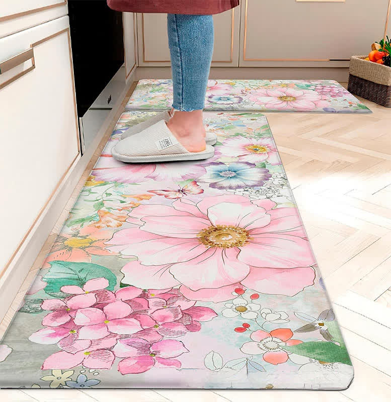 Tapis de sol de cuisine de style pastoral printanier avec des plantes fleuries