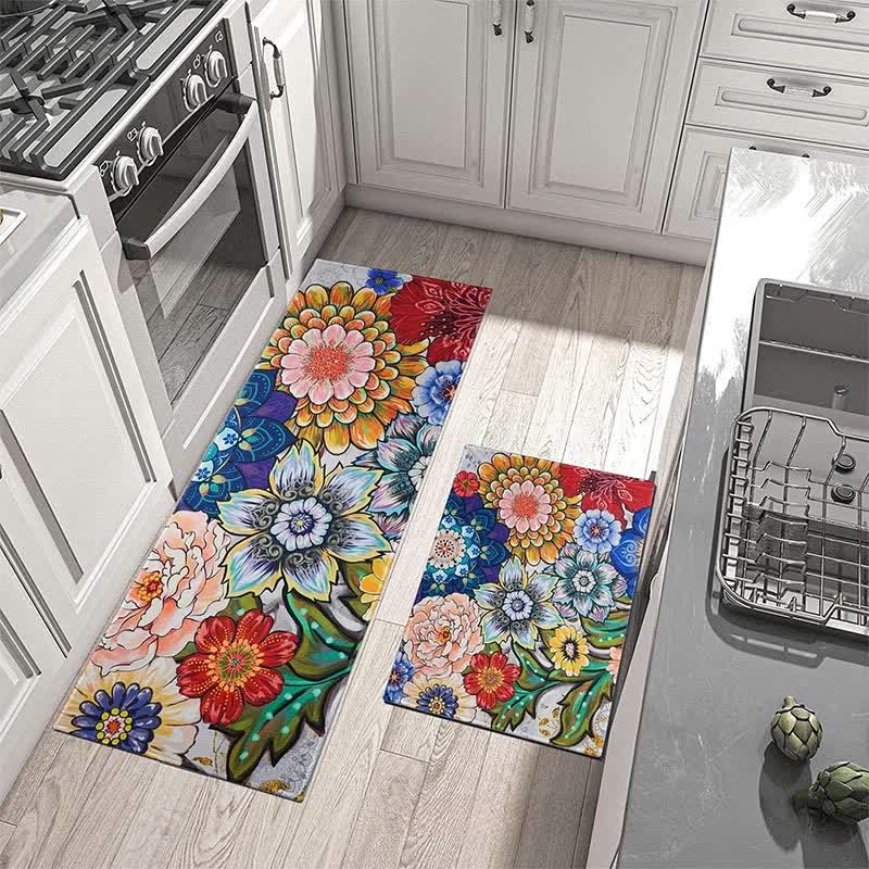 Tapis de sol de cuisine de style pastoral printanier avec des plantes fleuries