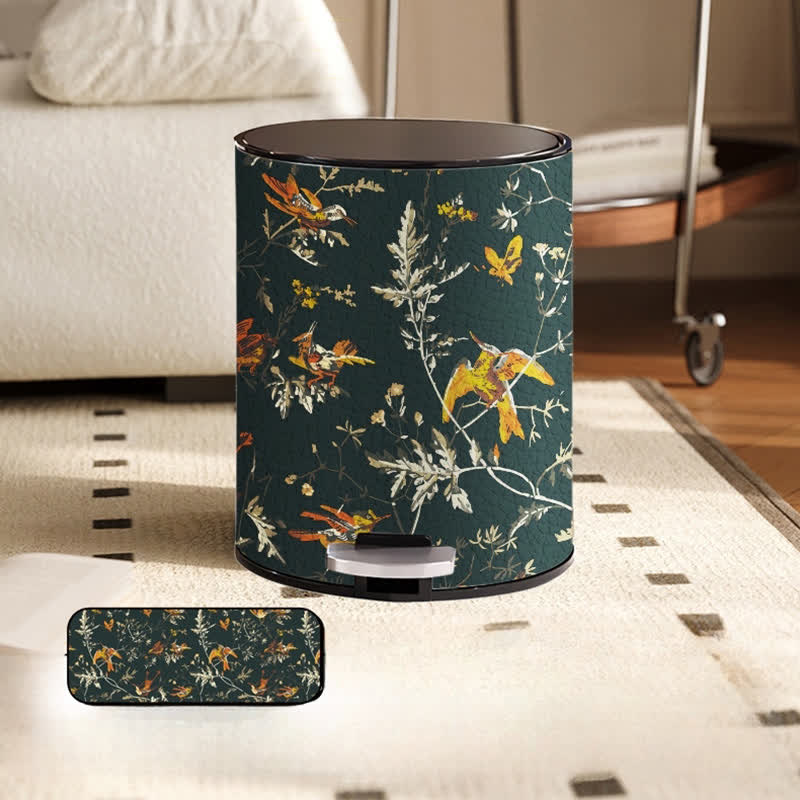Corbeille à papier en cuir de grande capacité avec motif de fleurs et d'oiseaux