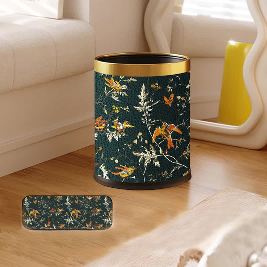 Corbeille à papier en cuir de grande capacité avec motif de fleurs et d'oiseaux