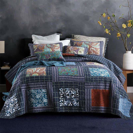 Parure de lit en coton matelassé à motif cachemire rétro (3 pièces)