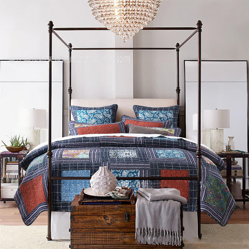 Parure de lit en coton matelassé à motif cachemire rétro (3 pièces)